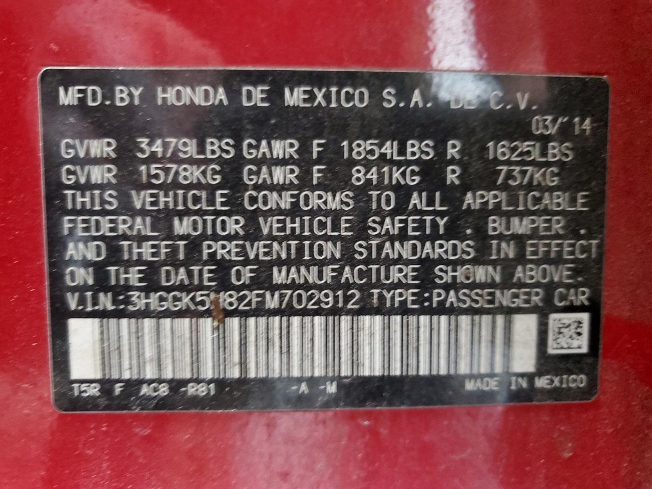 2015 Honda Fit Ex VIN: 3HGGK5H82FM702912 Lot: 63517205