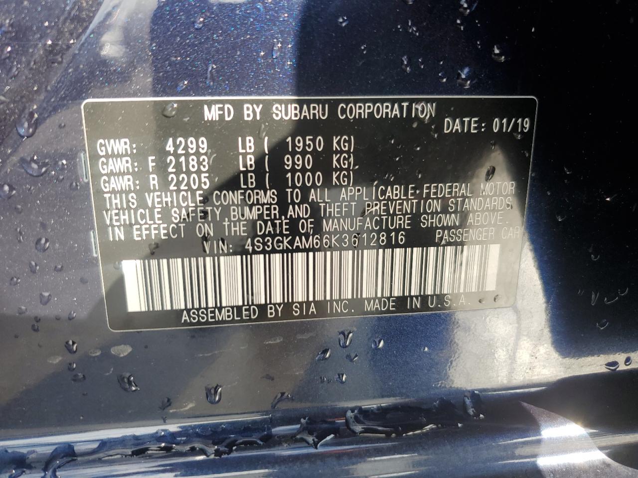 2019 Subaru Impreza Sport VIN: 4S3GKAM66K3612816 Lot: 63710115