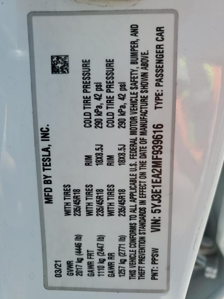 2021 Tesla Model 3 VIN: 5YJ3E1EA2MF939616 Lot: 66211525