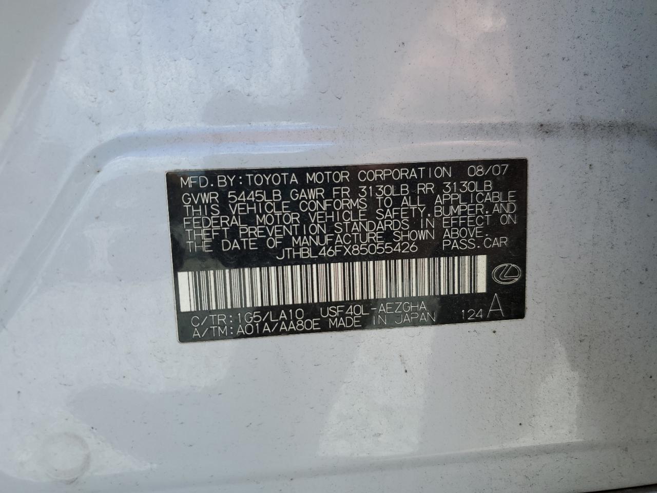 2008 Lexus Ls 460 VIN: JTHBL46FX85055426 Lot: 66473075