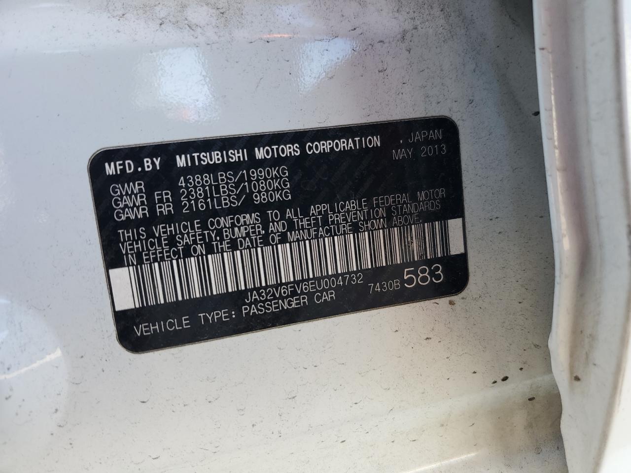 2014 Mitsubishi Lancer Ralliart VIN: JA32V6FV6EU004732 Lot: 64187325