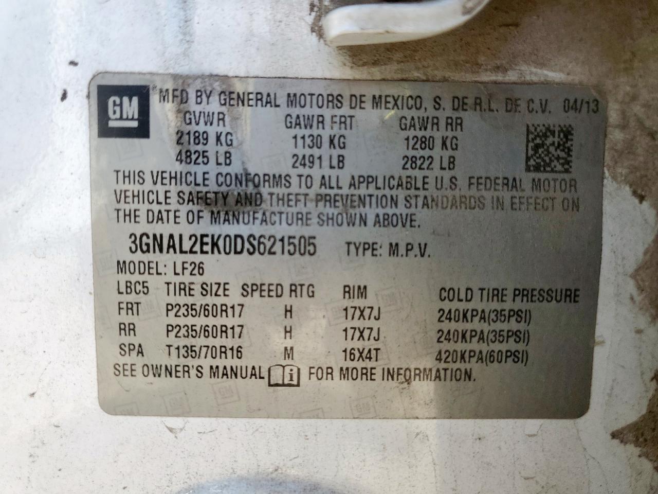 2013 Chevrolet Captiva Ls VIN: 3GNAL2EK0DS621505 Lot: 66653975