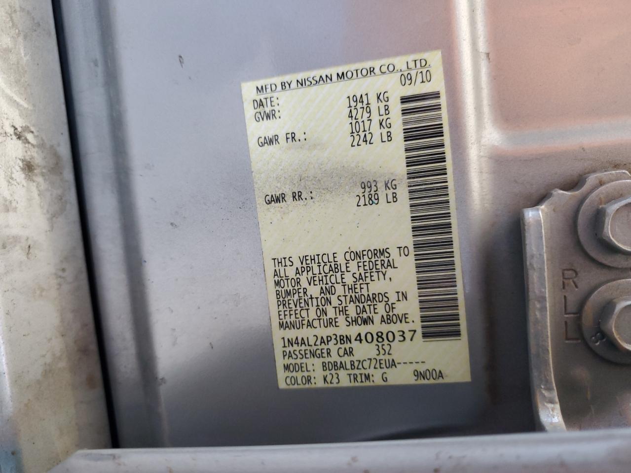 2011 Nissan Altima Base VIN: 1N4AL2AP3BN408037 Lot: 66175305