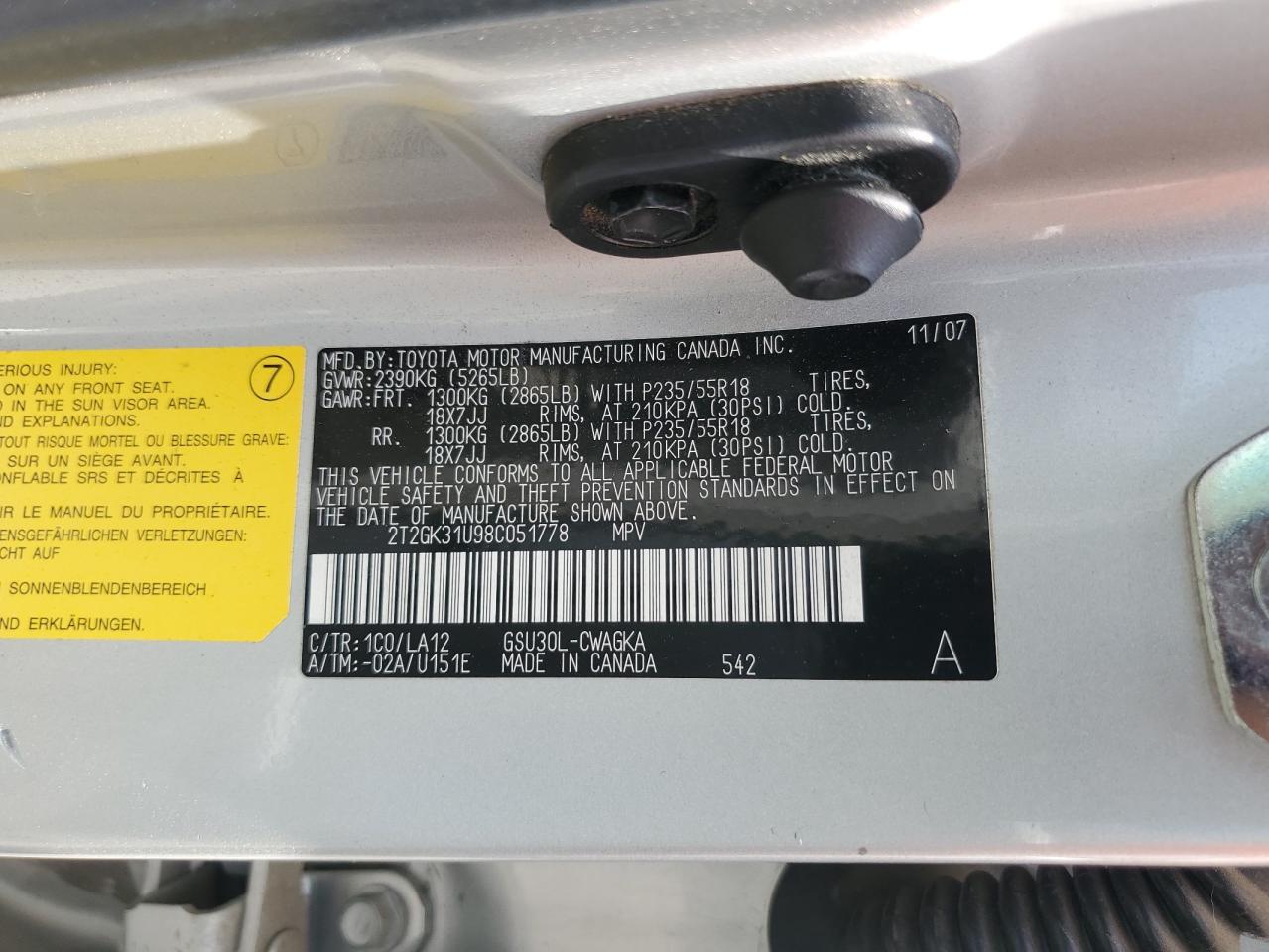 2008 Lexus Rx 350 VIN: 2T2GK31U98C051778 Lot: 65203405