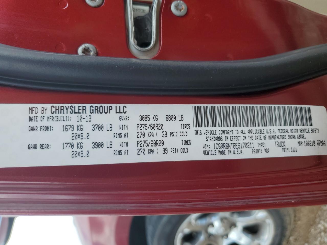 2014 Ram 1500 Laramie VIN: 1C6RR6NT8ES170211 Lot: 64932275