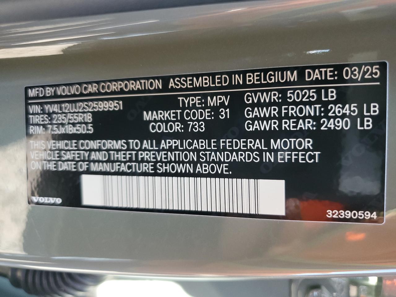 2025 Volvo Xc40 Core VIN: YV4L12UJ2S2599951 Lot: 63327195
