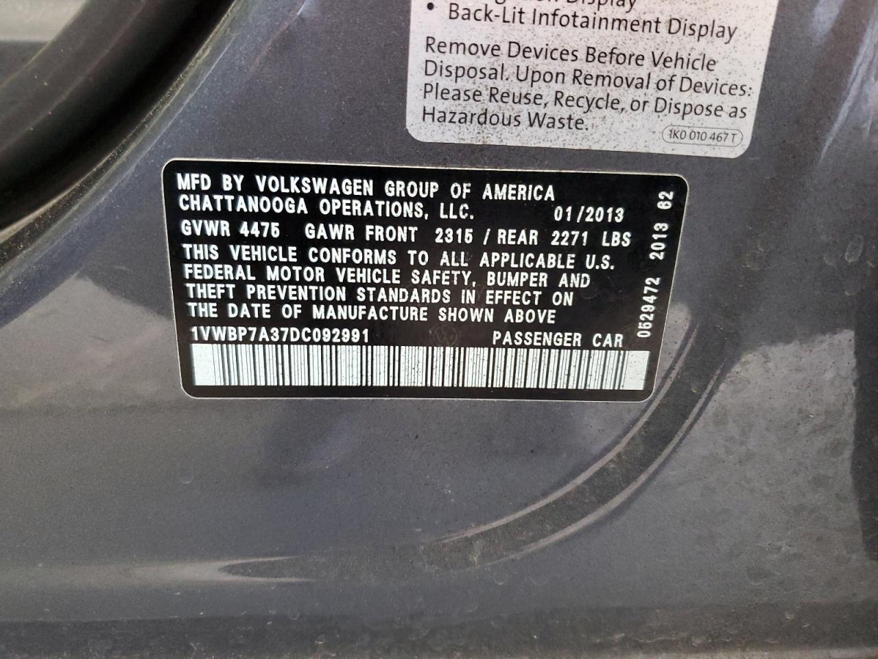 2013 Volkswagen Passat Se VIN: 1VWBP7A37DC092991 Lot: 63979935