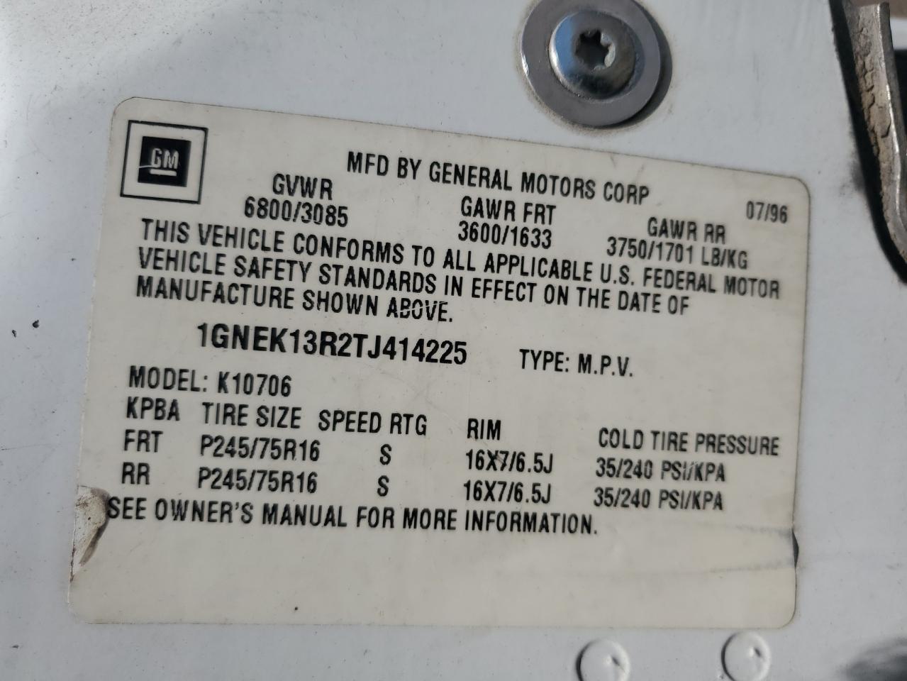 1996 Chevrolet Tahoe K1500 VIN: 1GNEK13R2TJ414225 Lot: 65547245