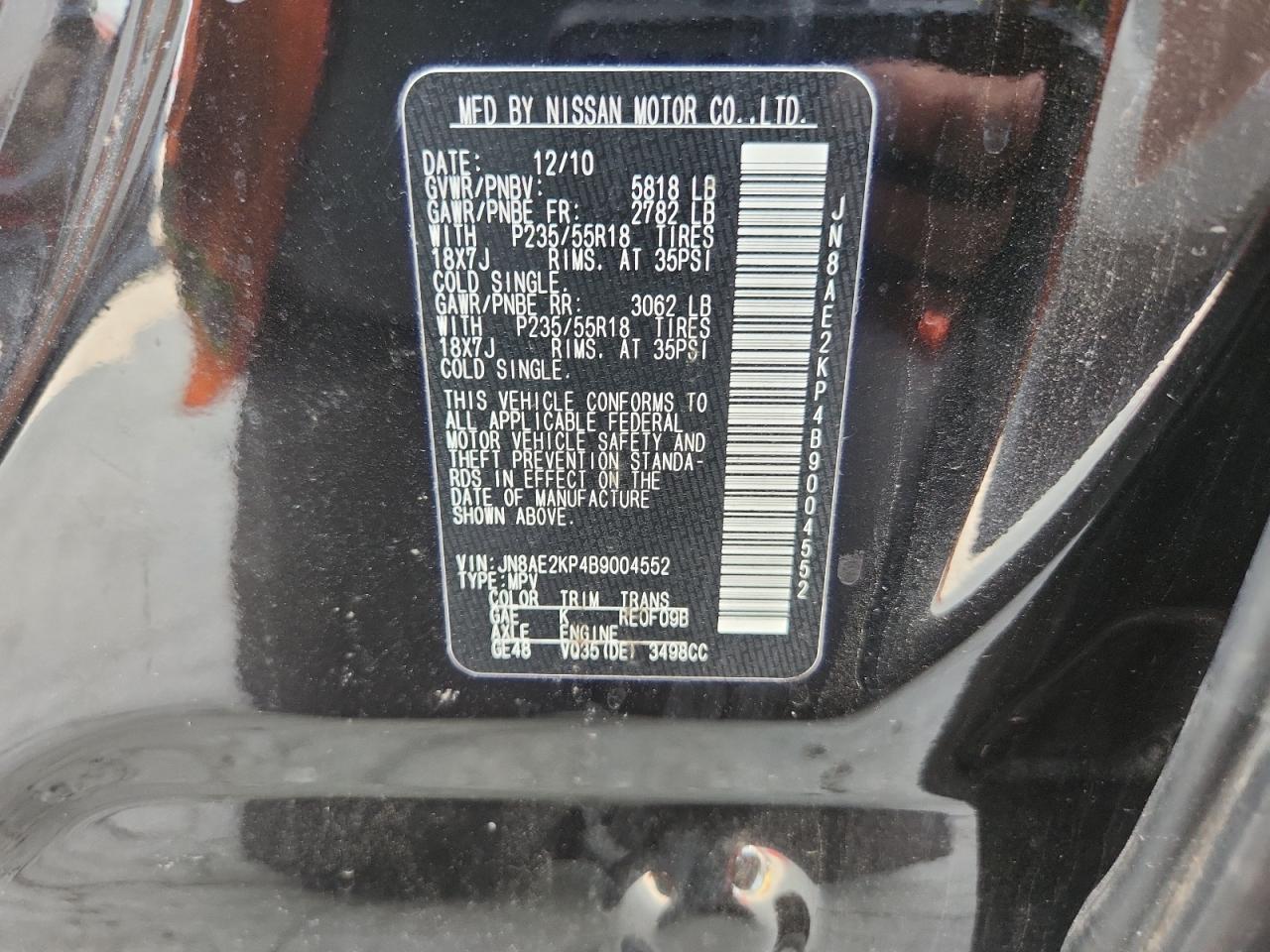 2011 Nissan Quest S VIN: JN8AE2KP4B9004552 Lot: 67072285