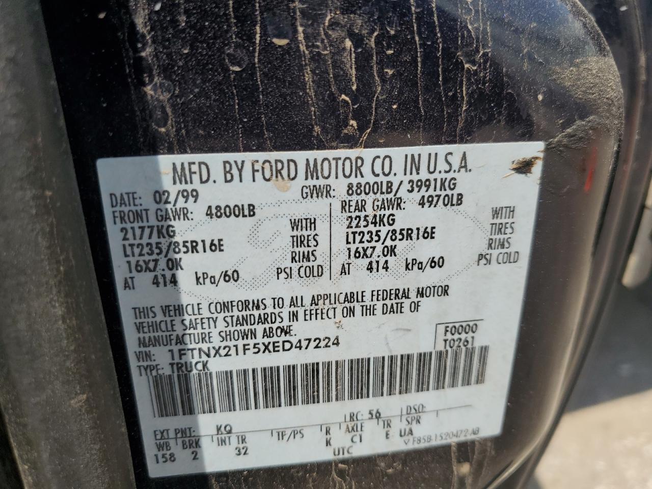 1999 Ford F250 Super Duty VIN: 1FTNX21F5XED47224 Lot: 65229005