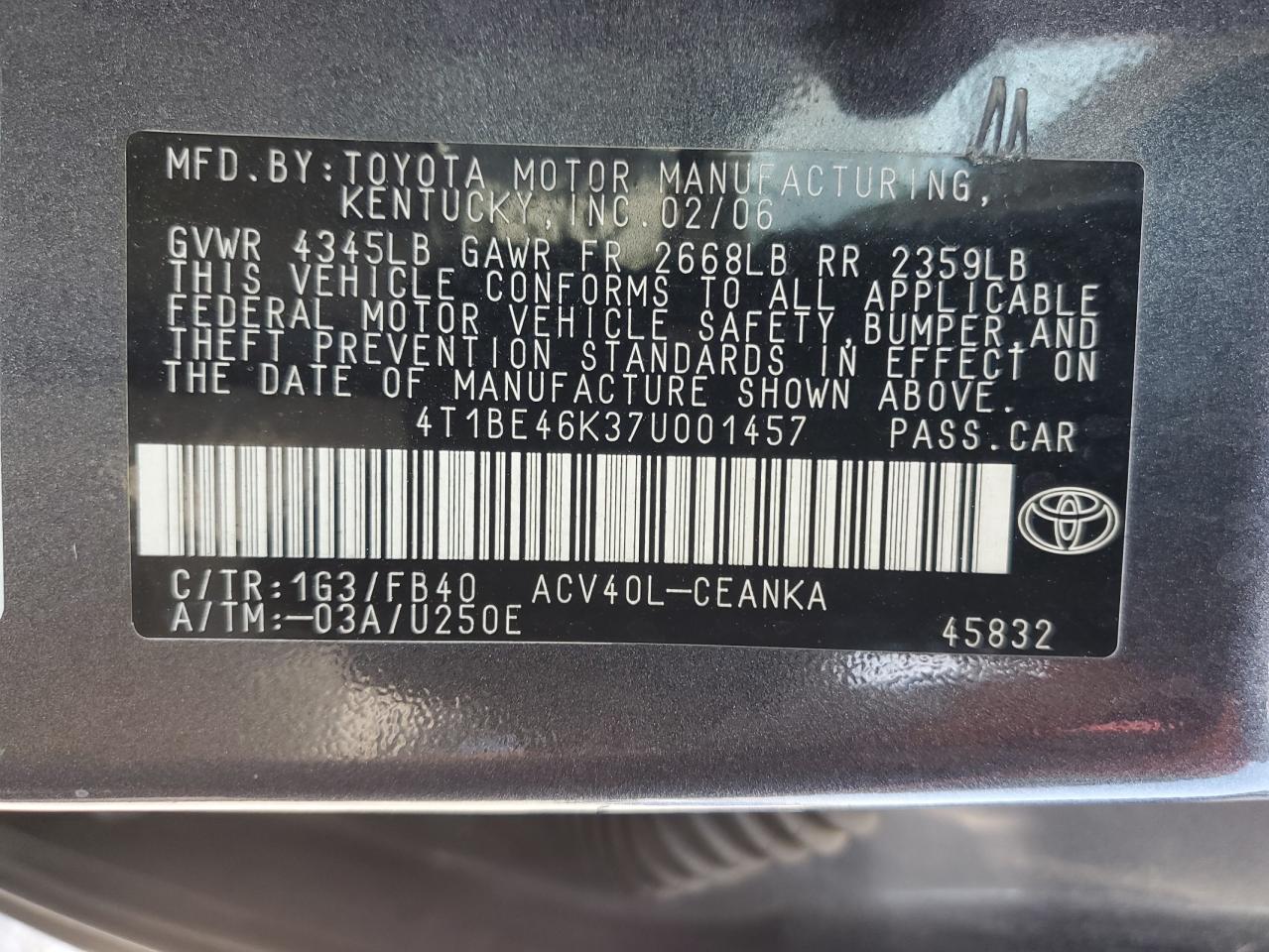 2007 Toyota Camry Ce VIN: 4T1BE46K37U001457 Lot: 65048875