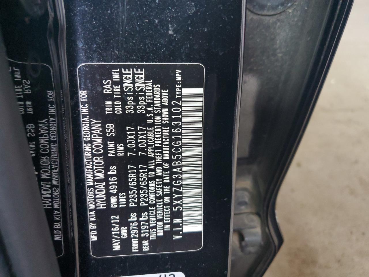 2012 Hyundai Santa Fe Gls VIN: 5XYZG3AB5CG163102 Lot: 65038975
