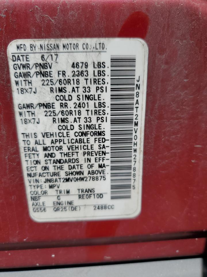 2017 Nissan Rogue S VIN: JN8AT2MV0HW278875 Lot: 64970465