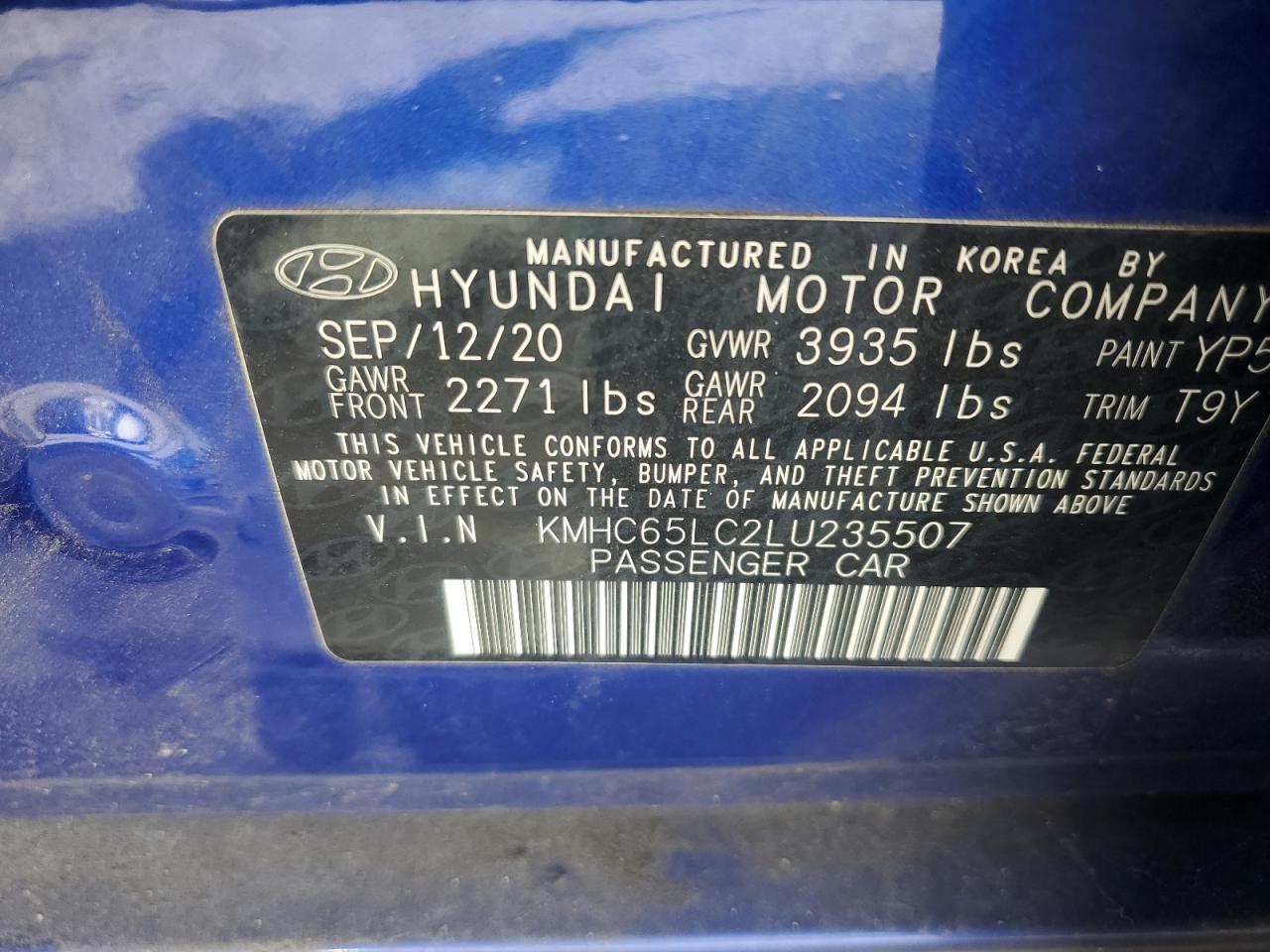 2020 Hyundai Ioniq Blue VIN: KMHC65LC2LU235507 Lot: 63100125