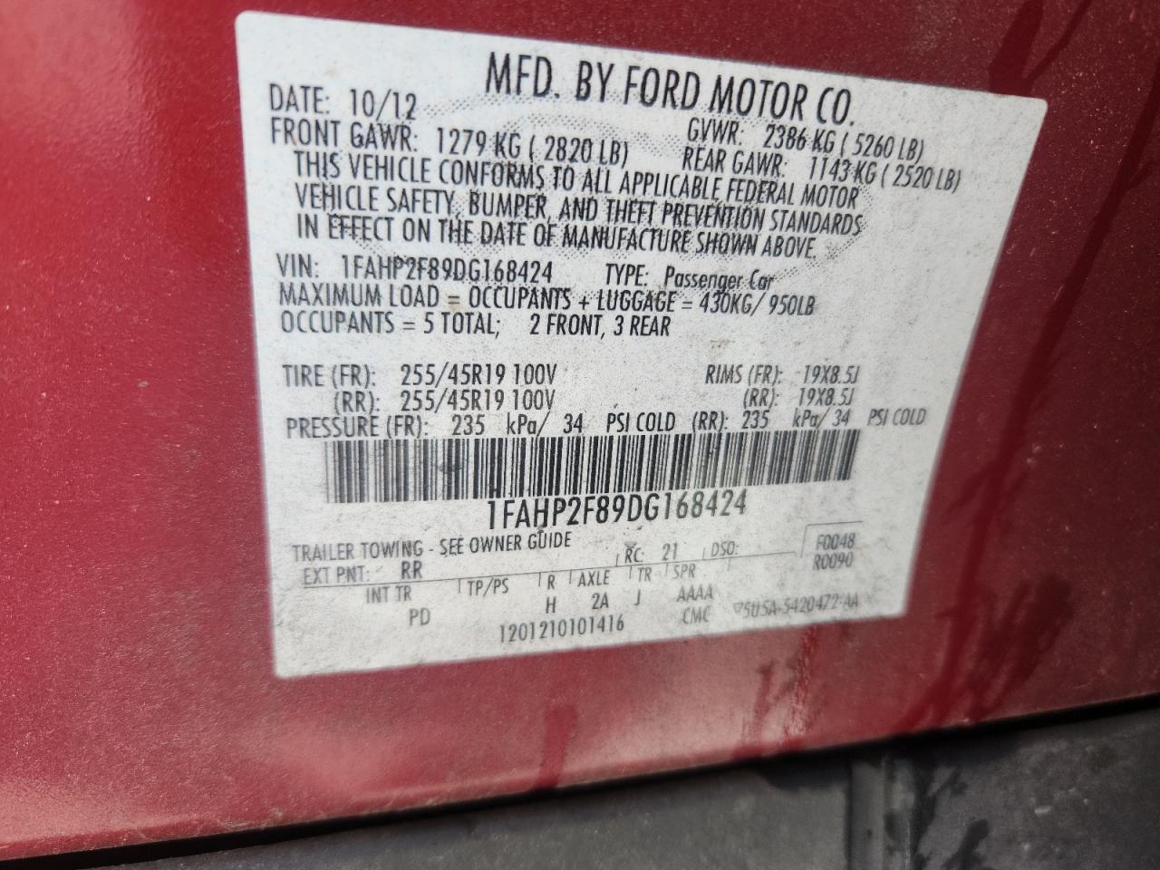 2013 Ford Taurus Limited VIN: 1FAHP2F89DG168424 Lot: 65276095