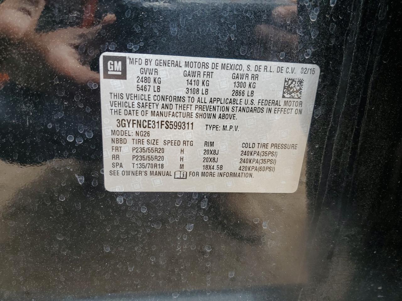 2015 Cadillac Srx Performance Collection VIN: 3GYFNCE31FS599311 Lot: 65935595