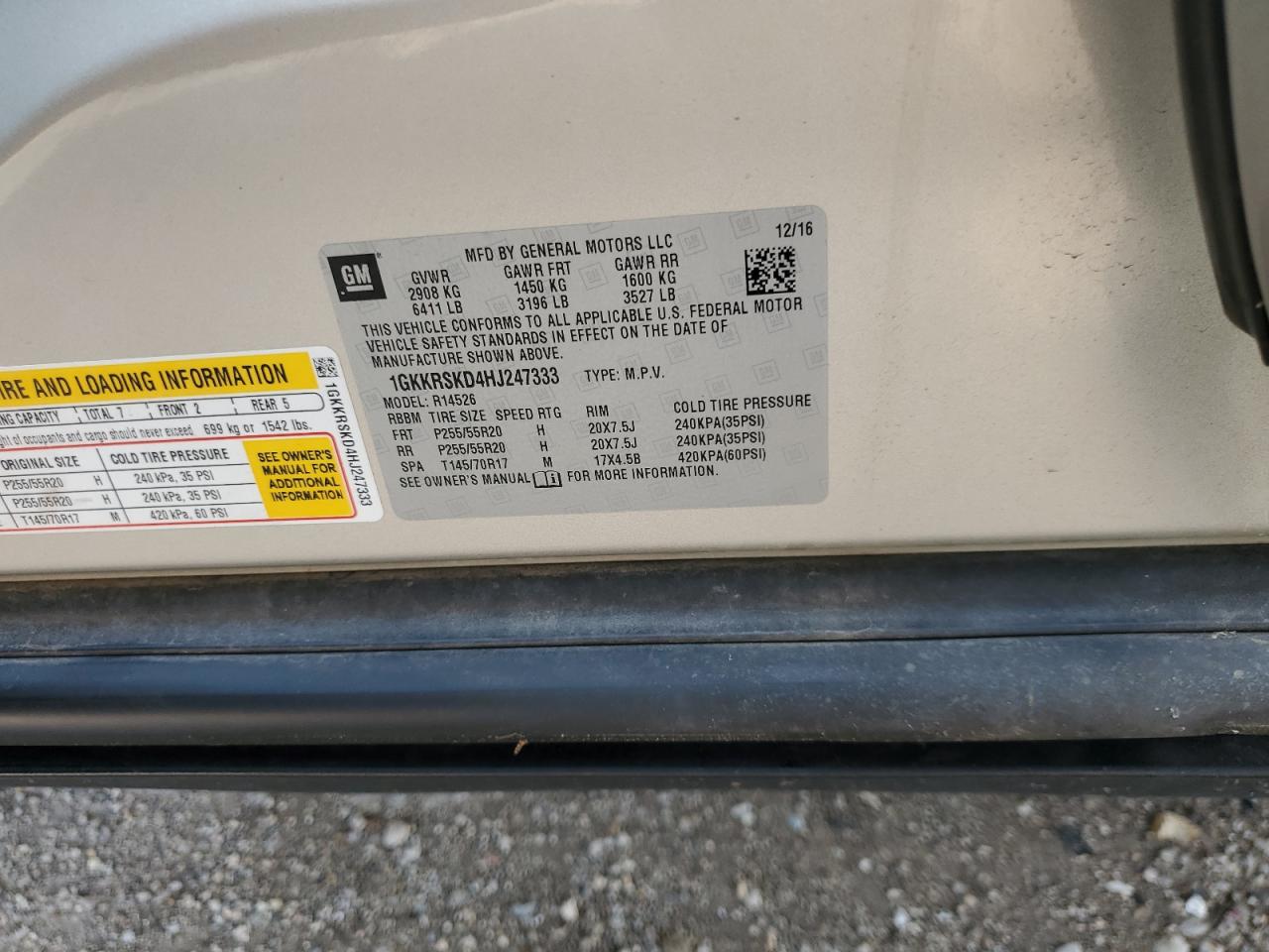 2017 GMC Acadia Limited Slt-2 VIN: 1GKKRSKD4HJ247333 Lot: 65278015