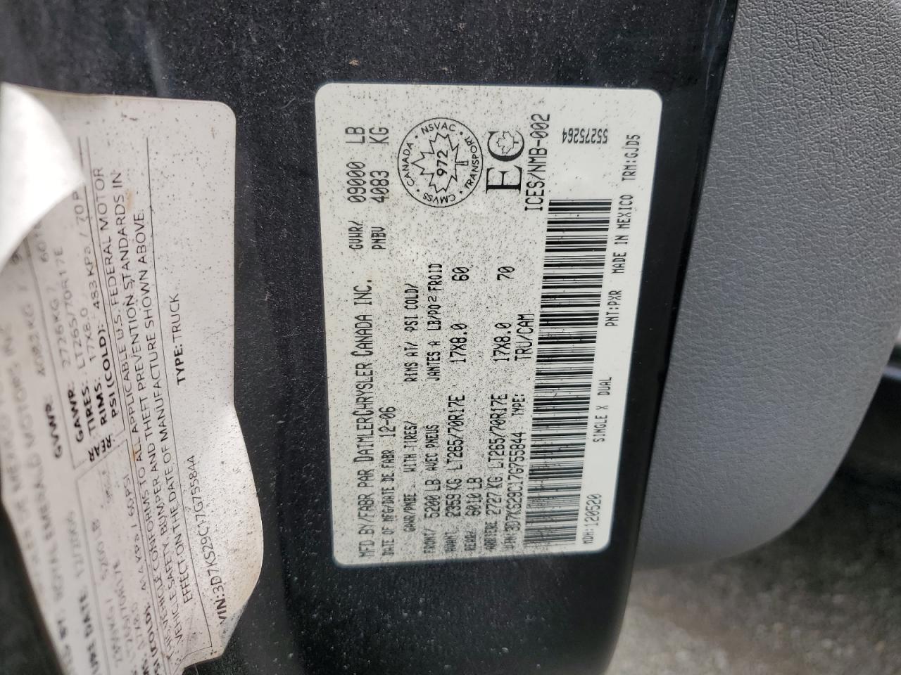 2007 Dodge Ram 2500 VIN: 3D7KS29C17G755844 Lot: 65063535