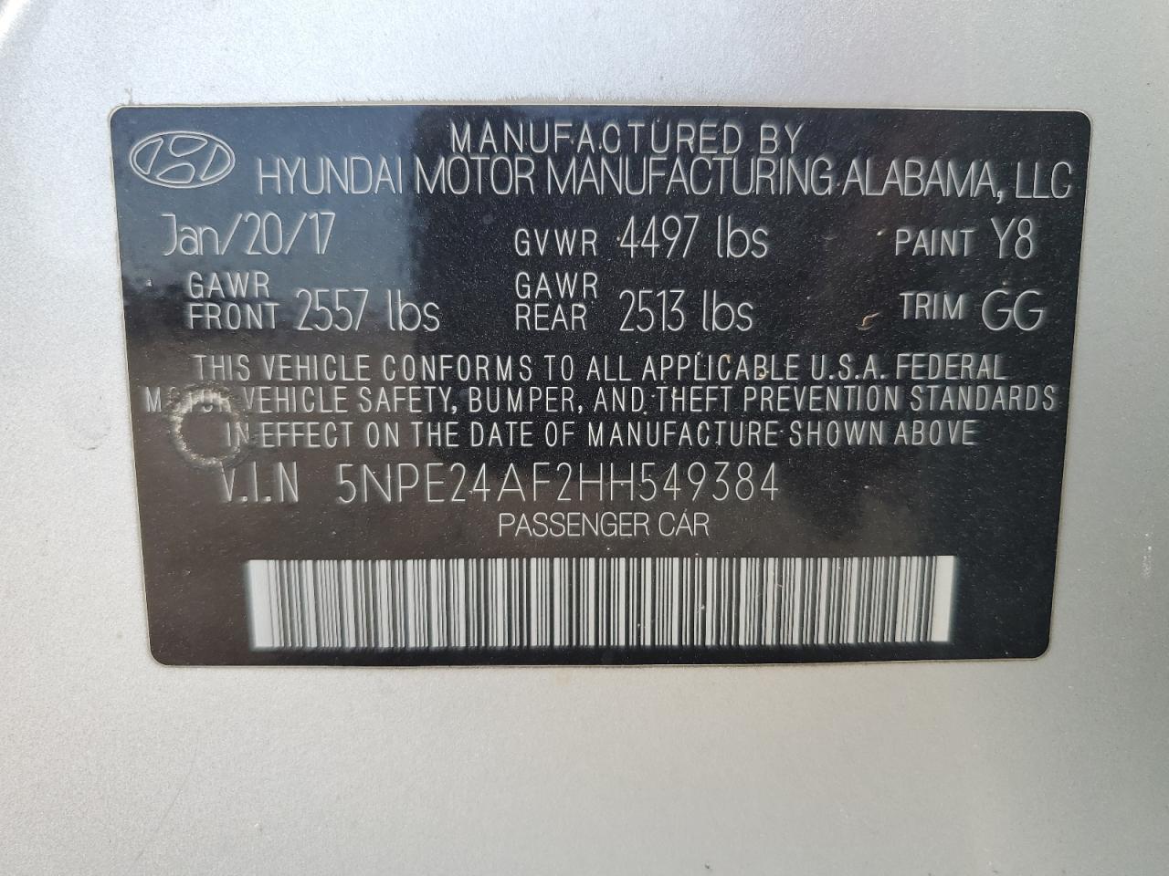 2017 Hyundai Sonata Se VIN: 5NPE24AF2HH549384 Lot: 63787975