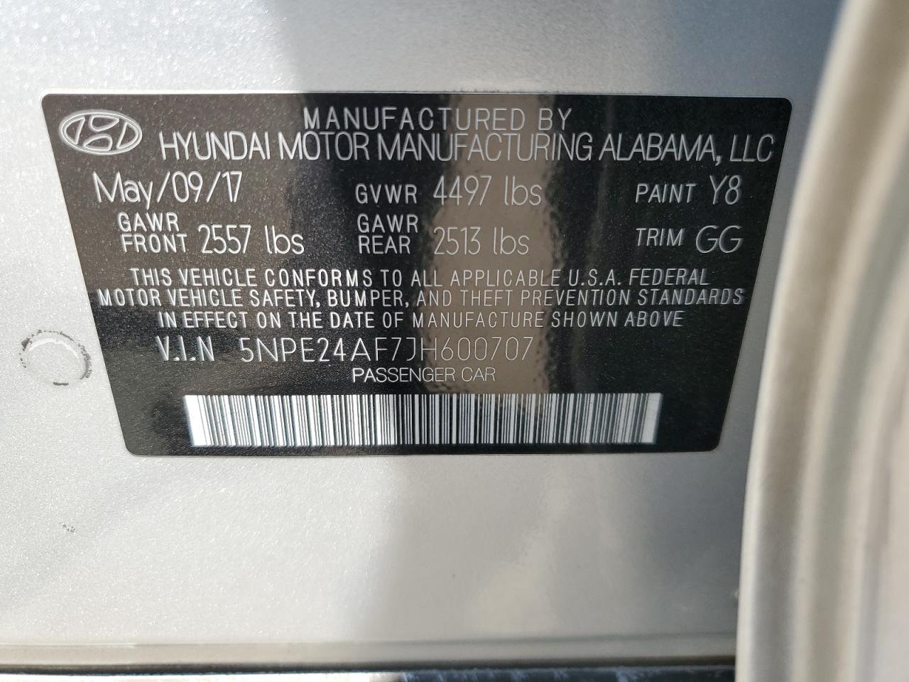 2018 Hyundai Sonata Se VIN: 5NPE24AF7JH600707 Lot: 65048685