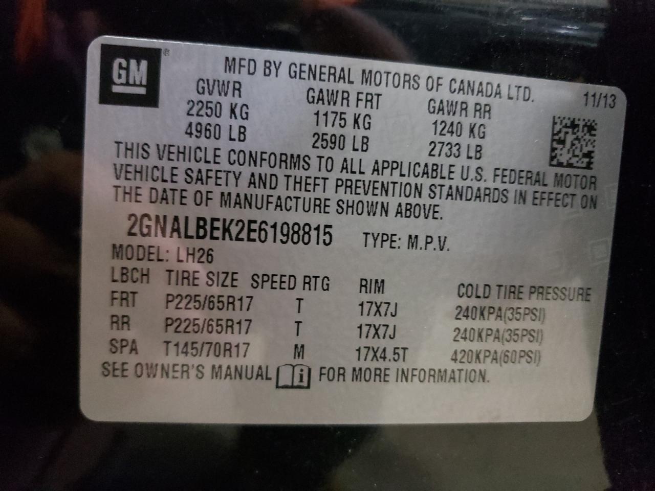 2014 Chevrolet Equinox Lt VIN: 2GNALBEK2E6198815 Lot: 65224915