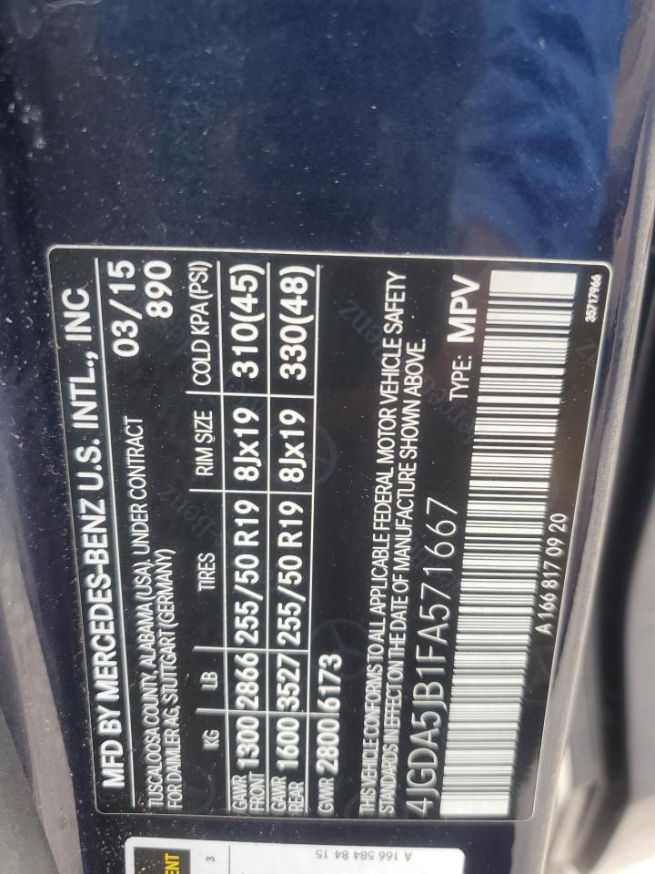 2015 Mercedes-Benz Ml 350 VIN: 4JGDA5JB1FA571667 Lot: 64392795