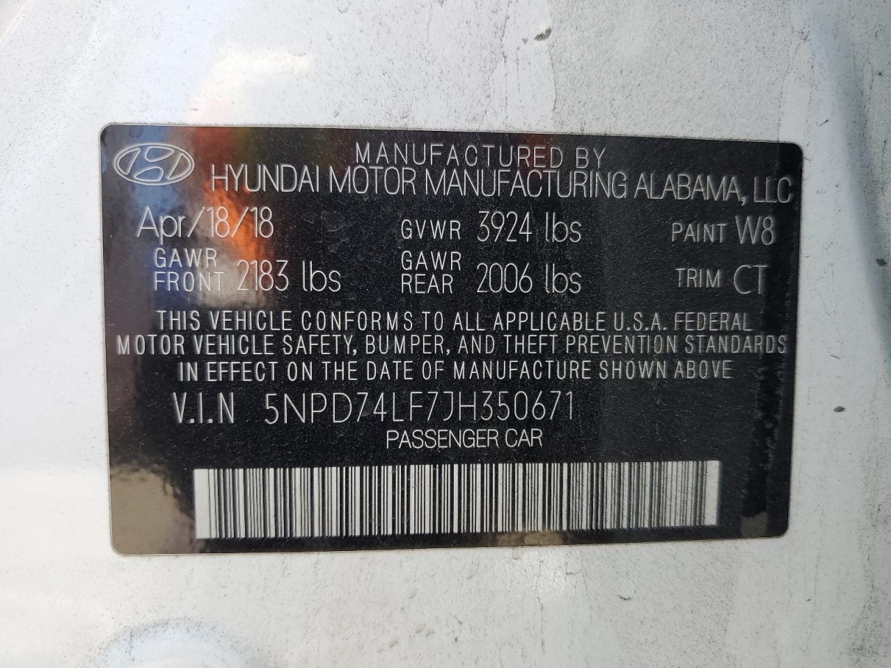 5NPD74LF7JH350671 2018 Hyundai Elantra Se