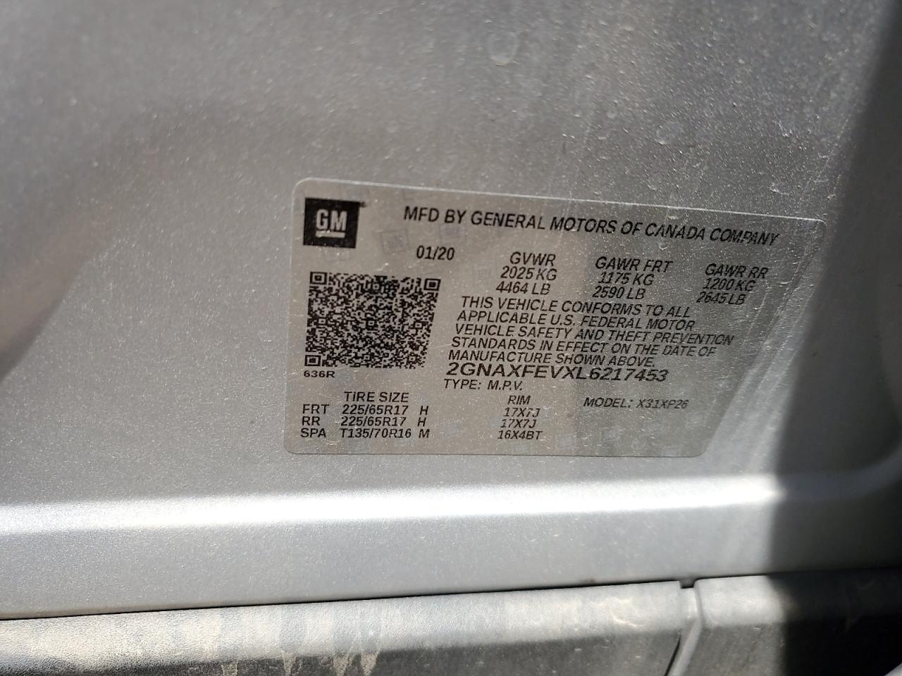 2020 Chevrolet Equinox VIN: 2GNAXFEVXL6217453 Lot: 64594575