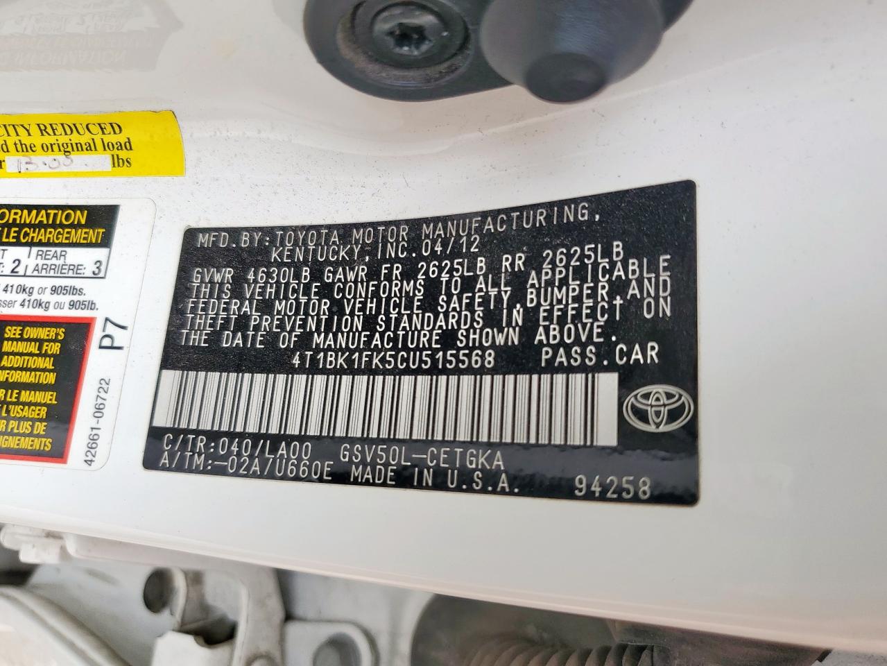 2012 Toyota Camry Se VIN: 4T1BK1FK5CU515568 Lot: 63315845