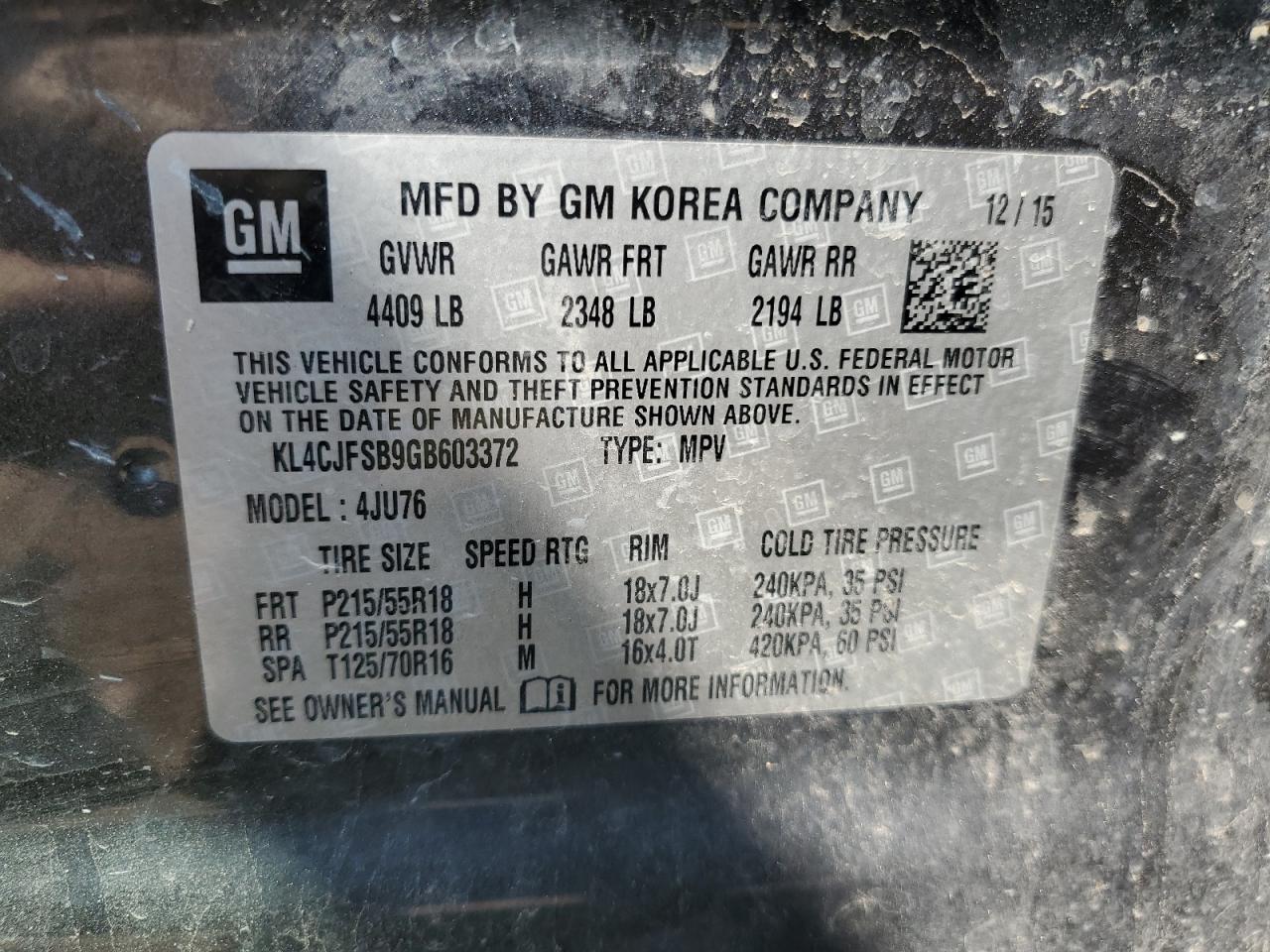 2016 Buick Encore Convenience VIN: KL4CJFSB9GB603372 Lot: 64672395