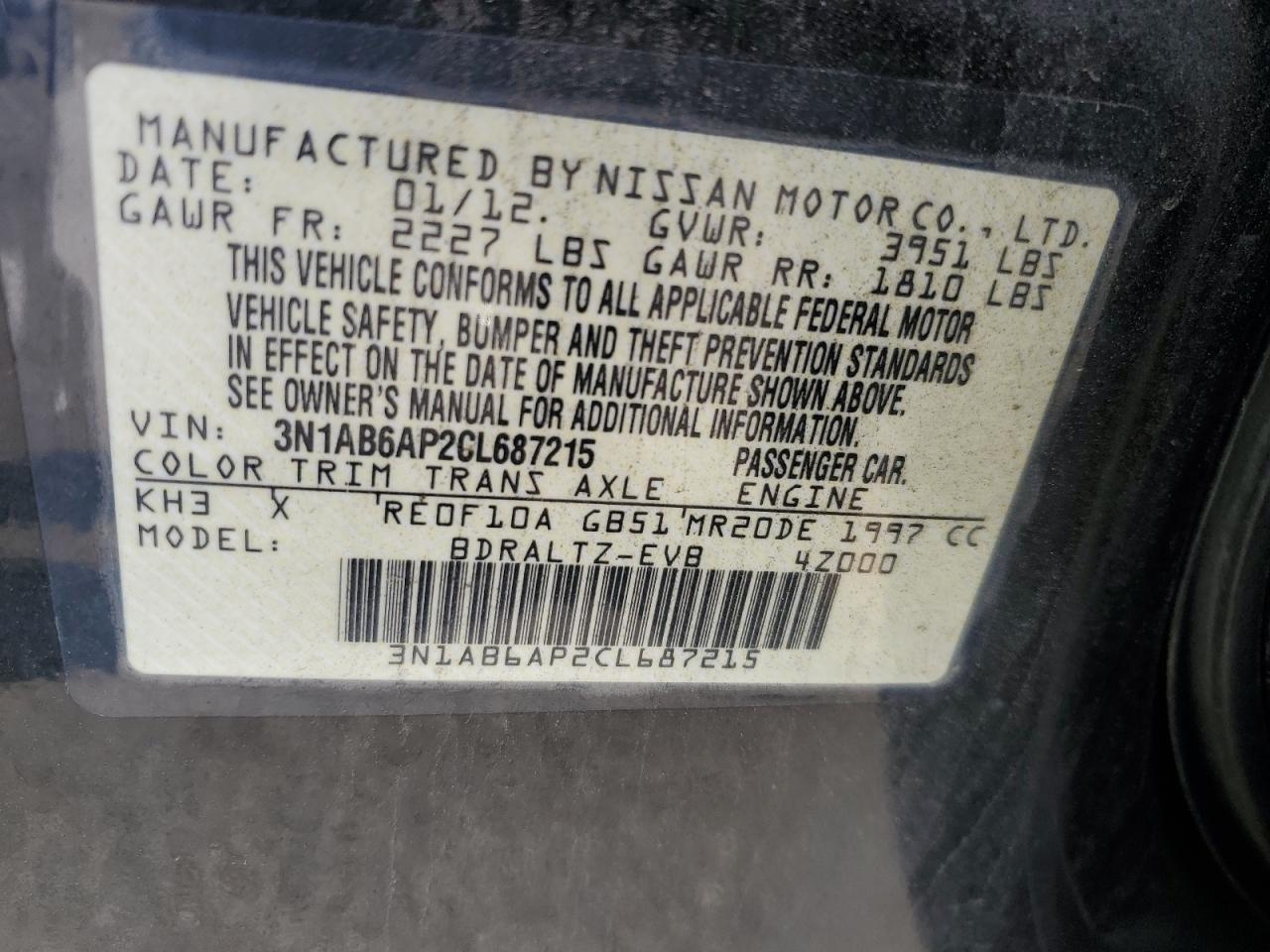 2012 Nissan Sentra 2.0 VIN: 3N1AB6AP2CL687215 Lot: 65145285