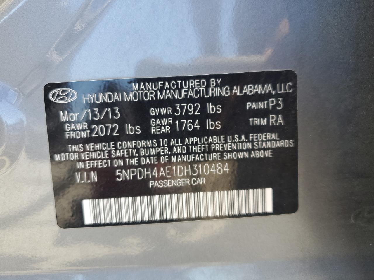 2013 Hyundai Elantra Gls VIN: 5NPDH4AE1DH310484 Lot: 64864575