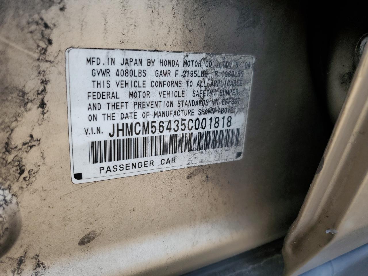 2005 Honda Accord Lx VIN: JHMCM56435C001818 Lot: 64673295