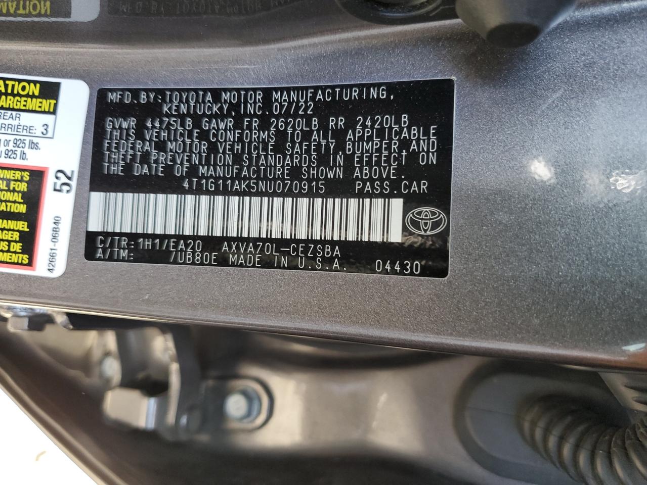2022 Toyota Camry Se VIN: 4T1G11AK5NU070915 Lot: 64796445