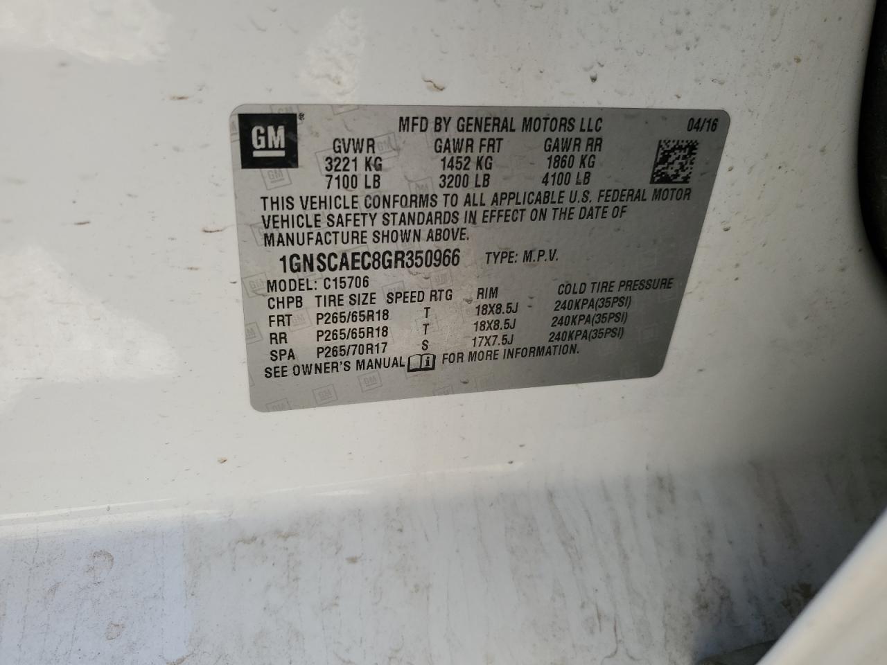 2016 Chevrolet Tahoe C1500 Ls VIN: 1GNSCAEC8GR350966 Lot: 66552235