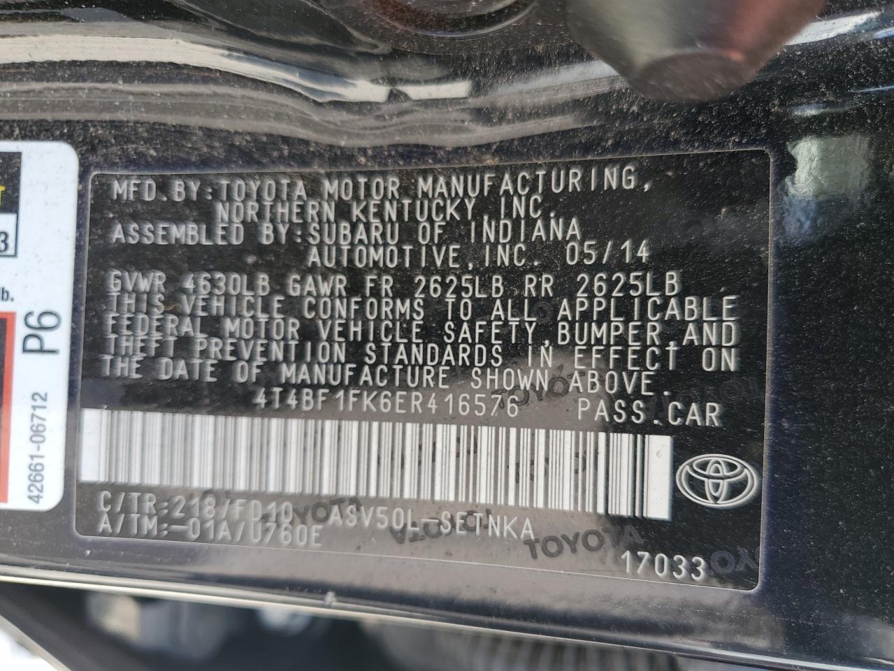 2014 Toyota Camry L VIN: 4T4BF1FK6ER416576 Lot: 65421025