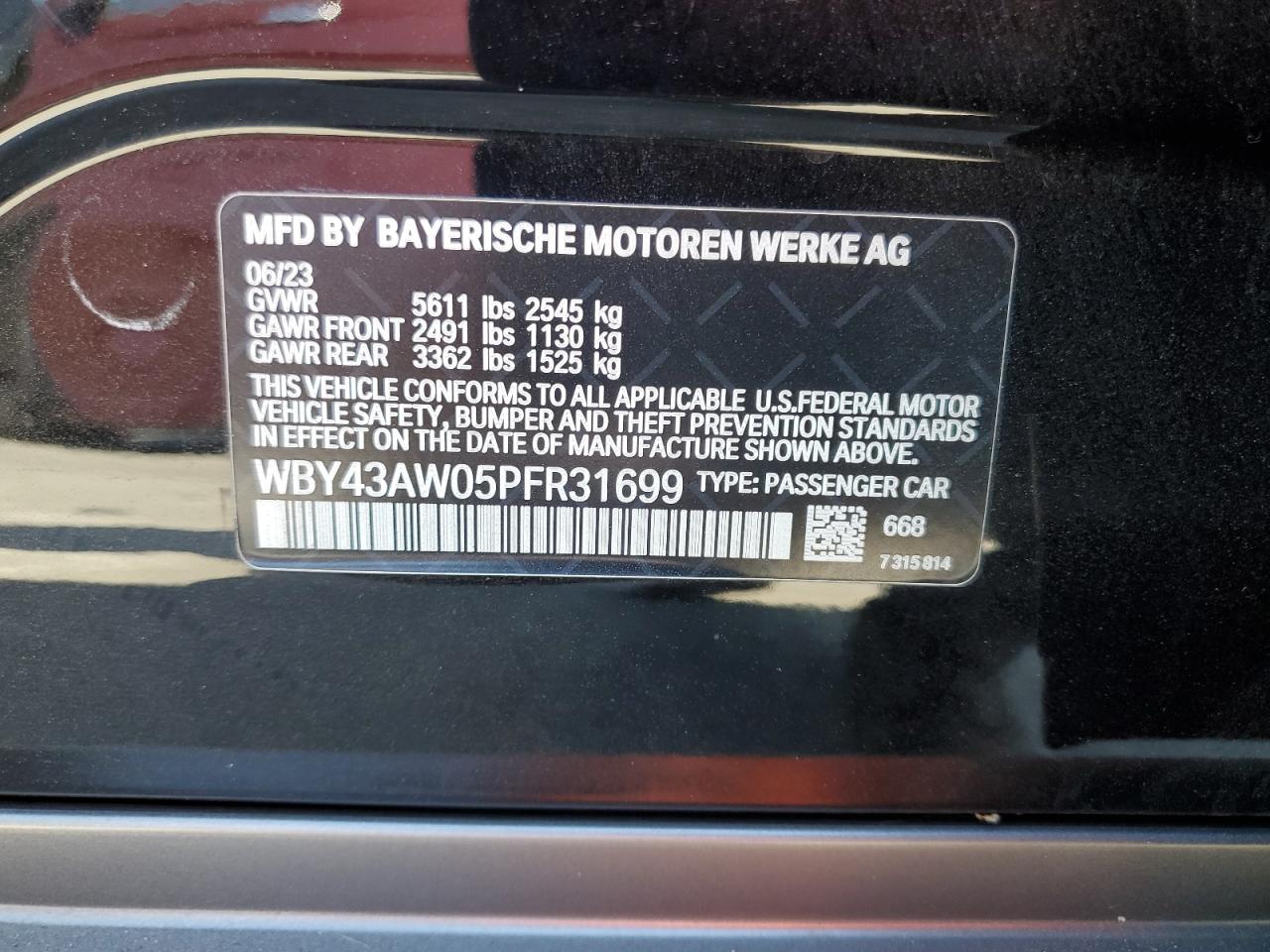 2023 BMW I4 Edrive 35 VIN: WBY43AW05PFR31699 Lot: 66496775