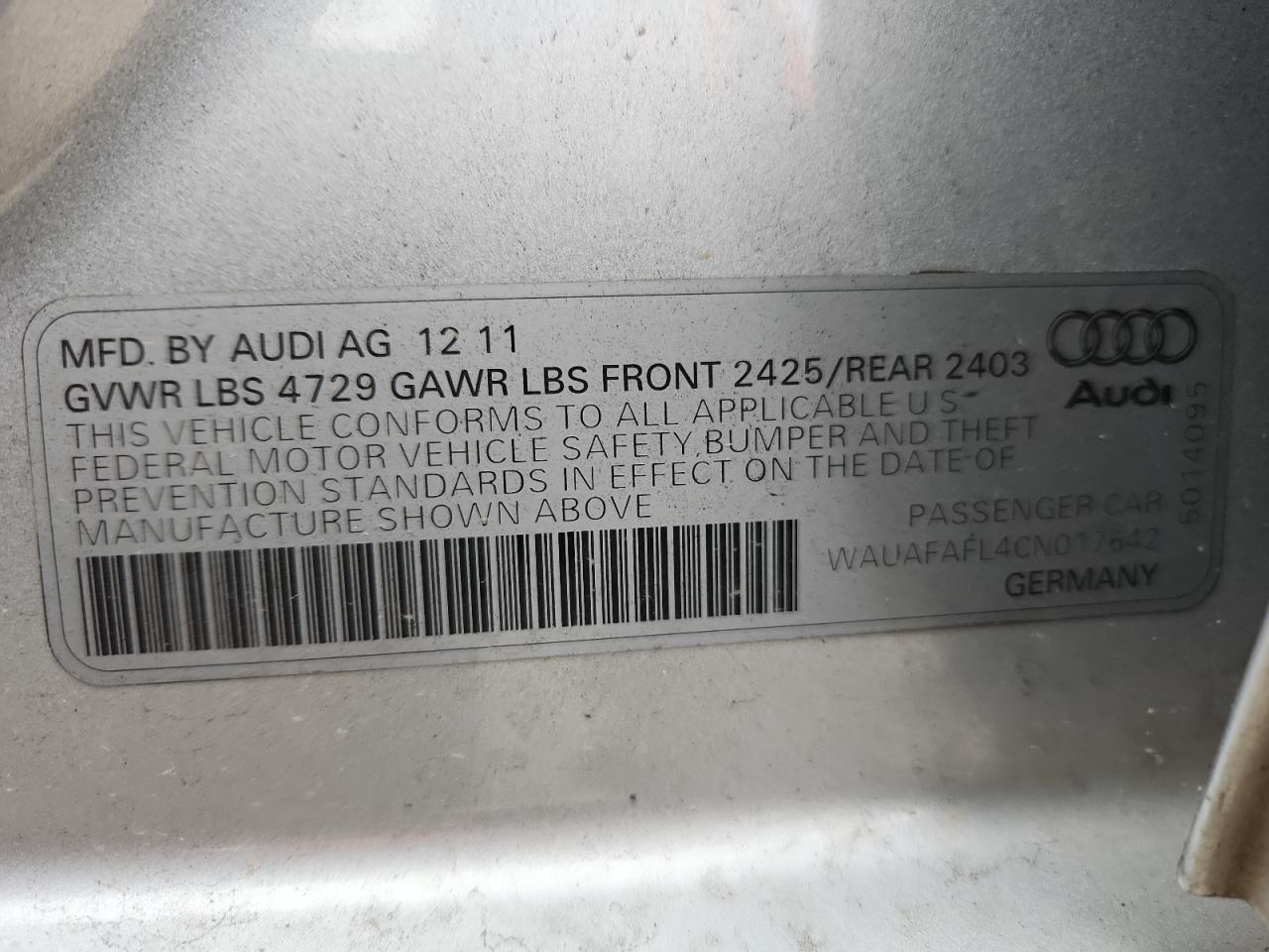 2012 Audi A4 Premium VIN: WAUAFAFL4CN017642 Lot: 63438685