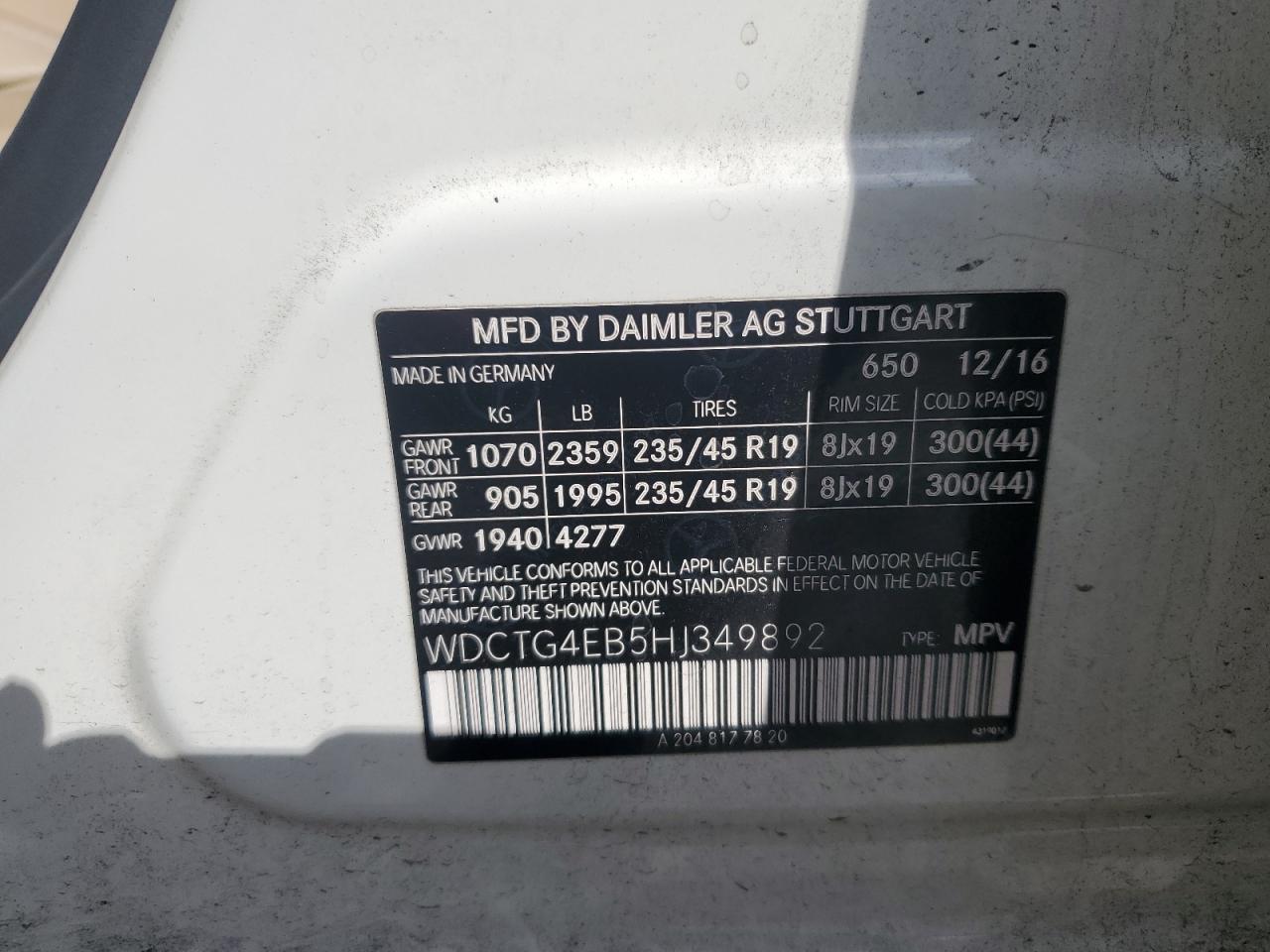 2017 Mercedes-Benz Gla 250 VIN: WDCTG4EB5HJ349892 Lot: 64676585