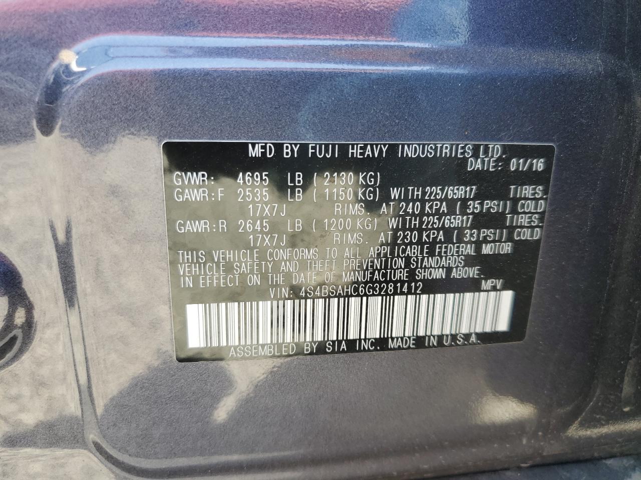 2016 Subaru Outback 2.5I Premium VIN: 4S4BSAHC6G3281412 Lot: 64655115