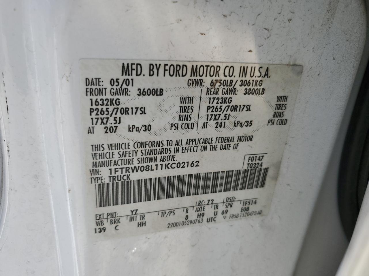 2001 Ford F150 Supercrew VIN: 1FTRW08L11KC02162 Lot: 63948555