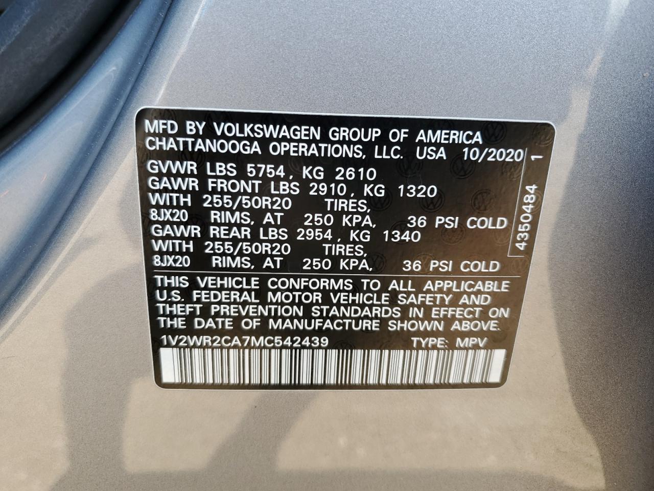 2021 Volkswagen Atlas Se VIN: 1V2WR2CA7MC542439 Lot: 66203905