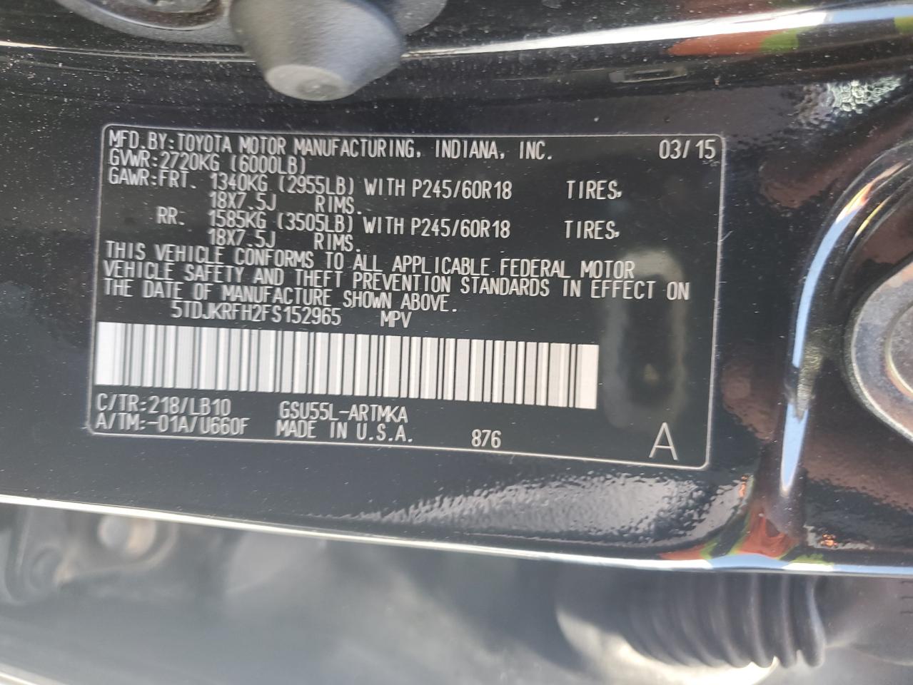 2015 Toyota Highlander Xle VIN: 5TDJKRFH2FS152965 Lot: 66479985