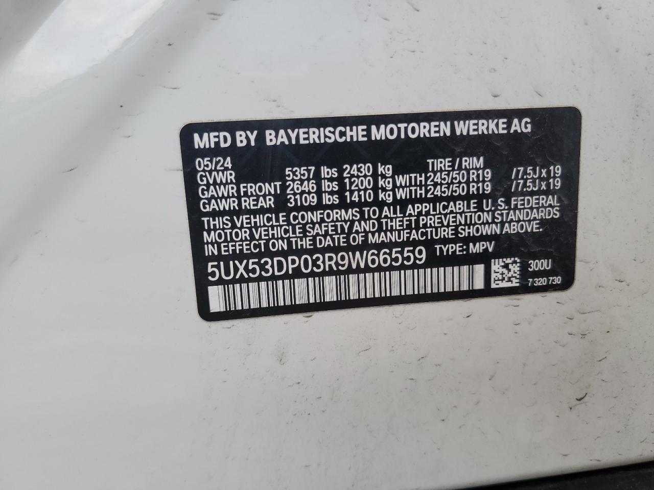 2024 BMW X3 xDrive30I VIN: 5UX53DP03R9W66559 Lot: 65131315