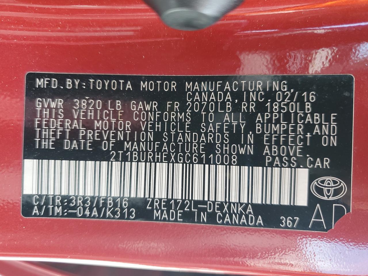 2016 Toyota Corolla L VIN: 2T1BURHEXGC611008 Lot: 65425605