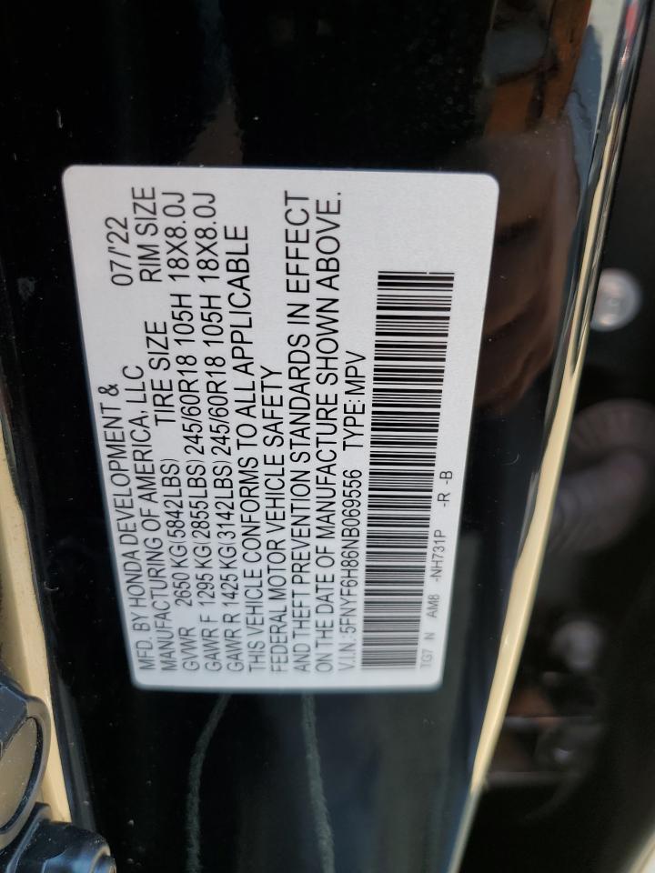 2022 Honda Pilot Trailsport VIN: 5FNYF6H86NB069556 Lot: 64372145