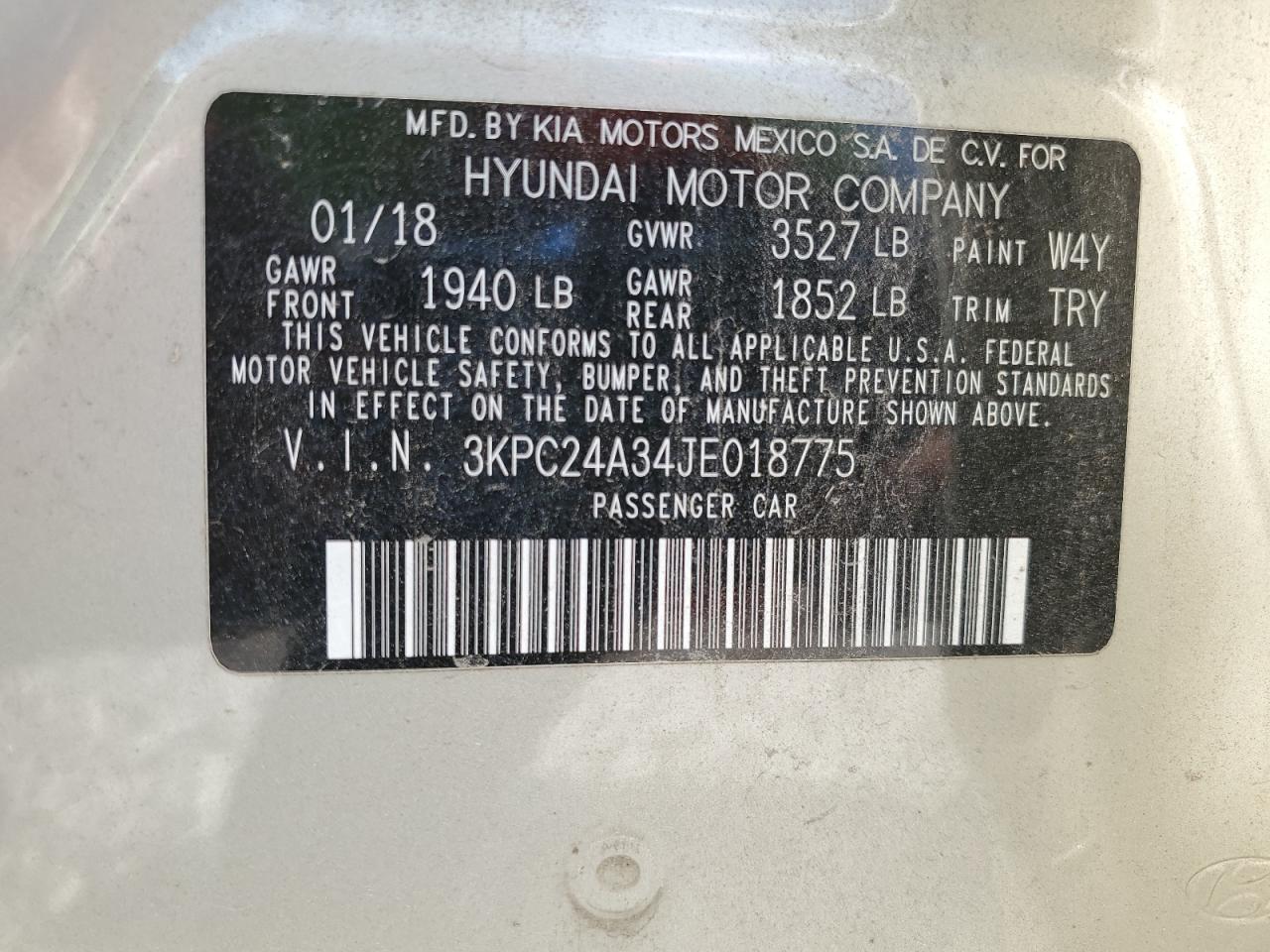 2018 Hyundai Accent Se VIN: 3KPC24A34JE018775 Lot: 64666525
