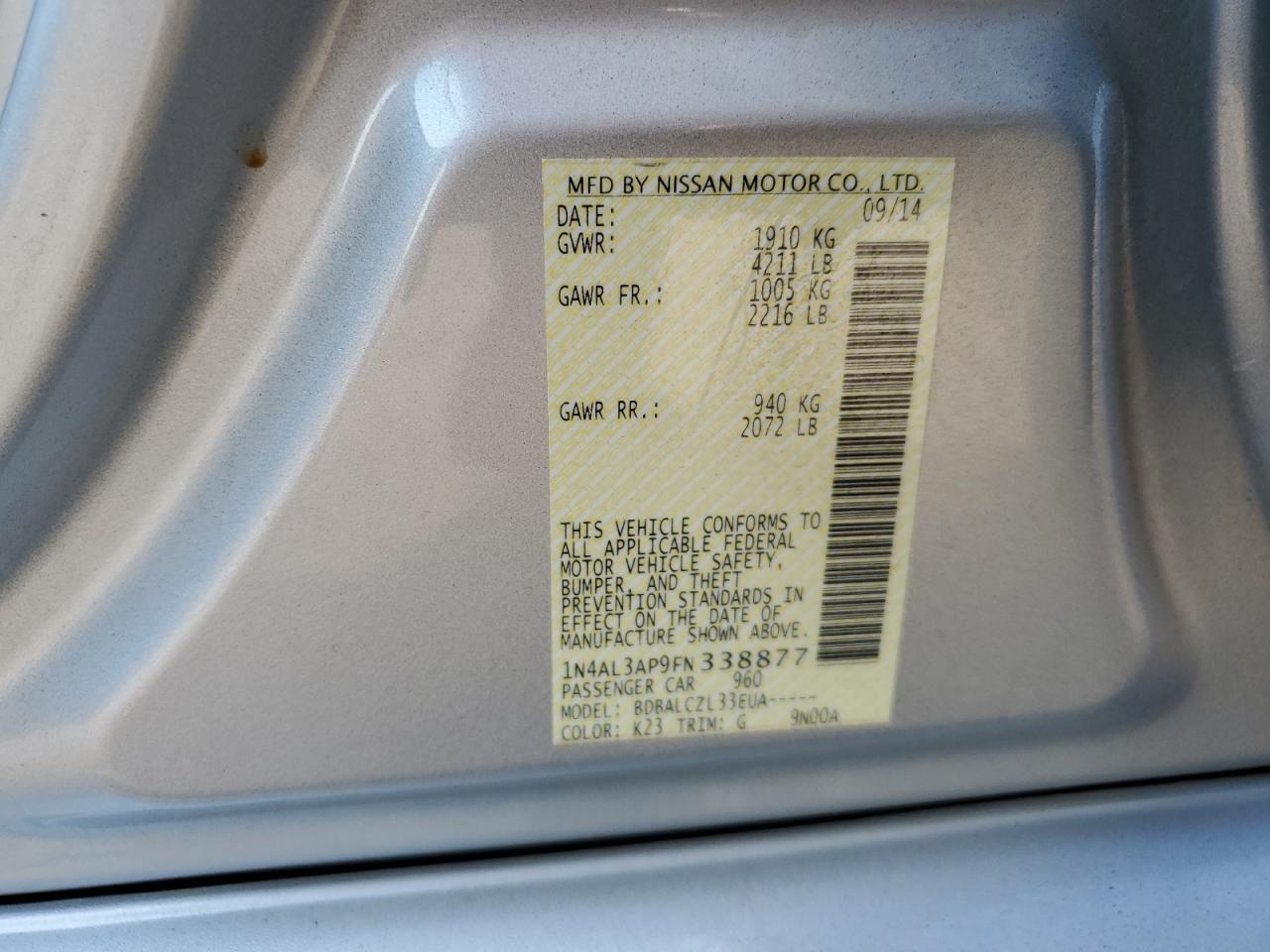 2015 Nissan Altima 2.5 VIN: 1N4AL3AP9FN338877 Lot: 65398585