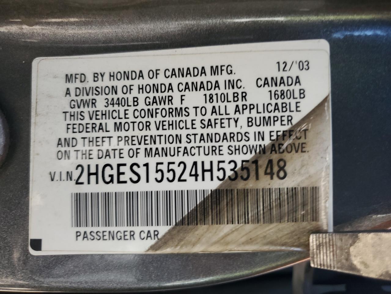 2004 Honda Civic Lx VIN: 2HGES15524H535148 Lot: 66428635