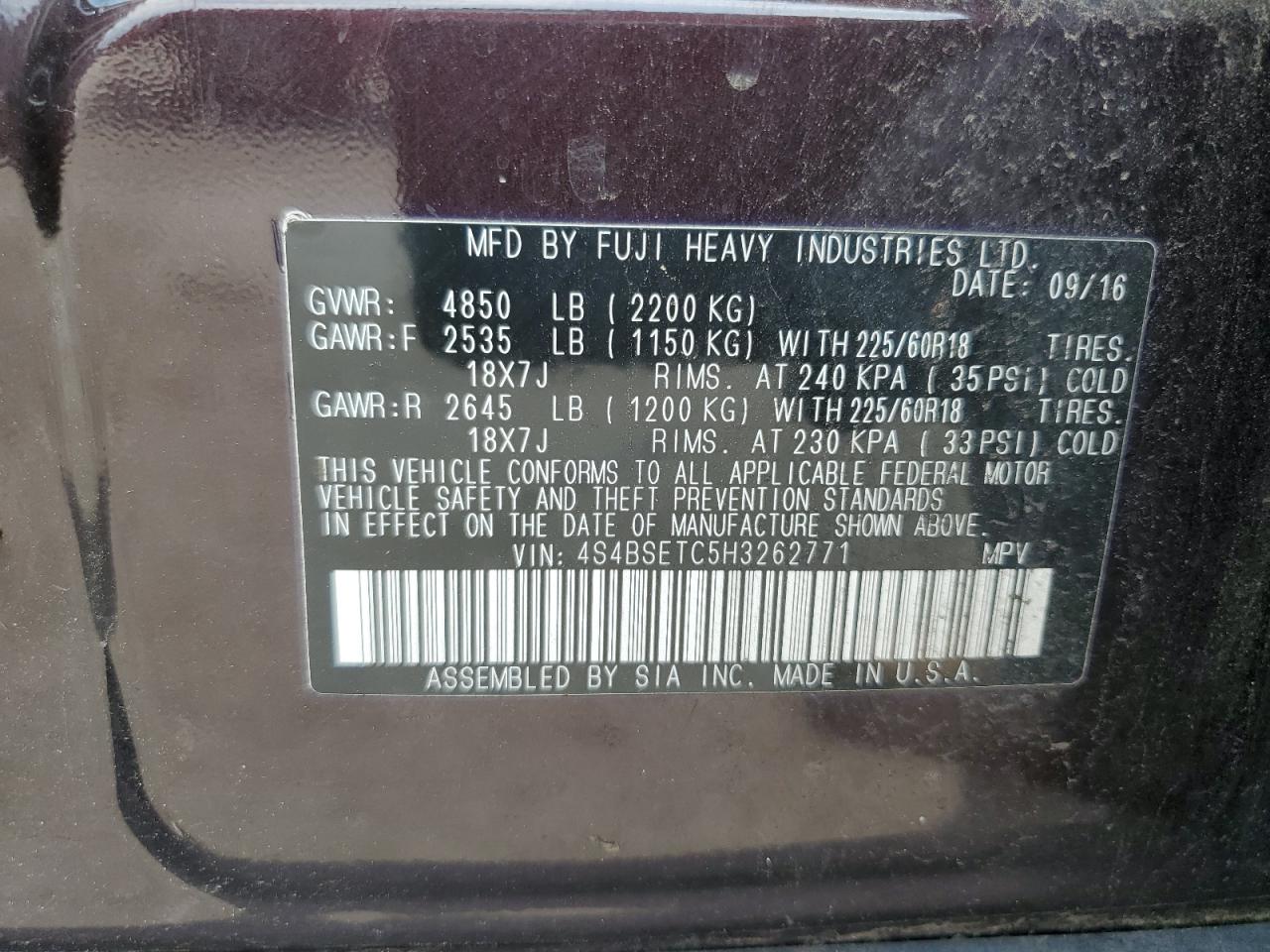 2017 Subaru Outback Touring VIN: 4S4BSETC5H3262771 Lot: 63745155